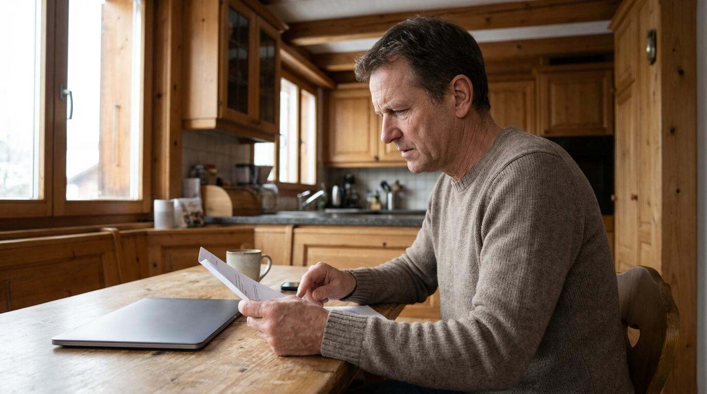 Person prüft Maklervertrag am Küchentisch in Schweizer Wohnung