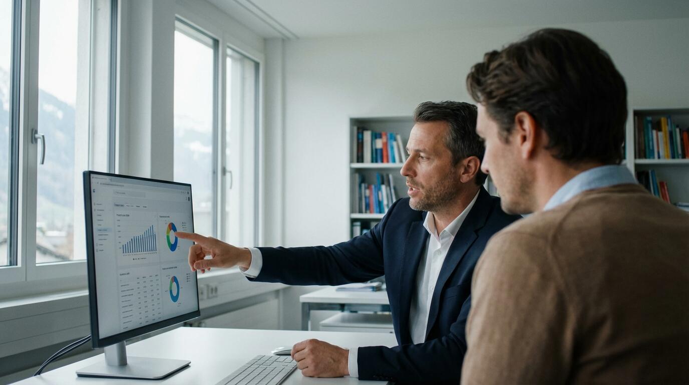 Immobilienberatung in Schweizer Büro mit Marktdaten auf Bildschirm
