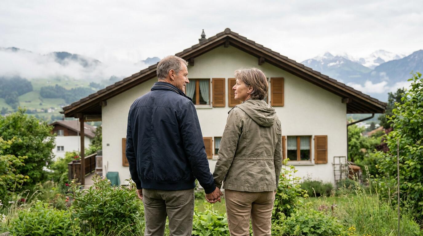 Immobilienmakler Schweiz: Paar betrachtet Einfamilienhaus vor dem Verkauf